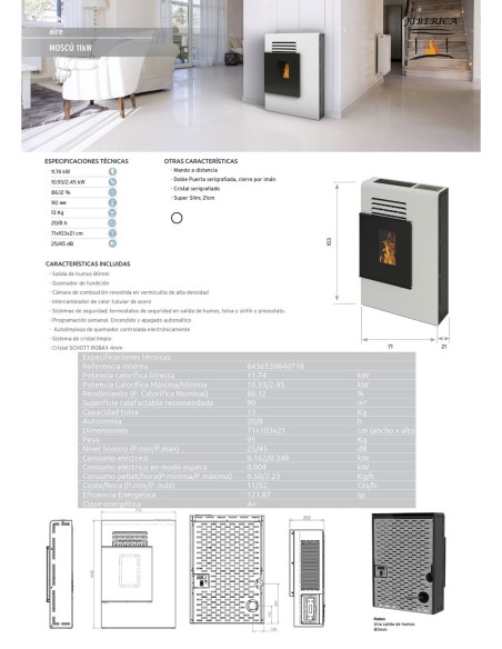 Estufa de pellets de pasillo Super-slim 21cm Moscú 11kw